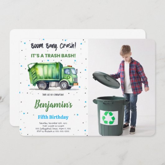 緑と黒のゴミのトラックの写真 招待状 (正面/裏面)