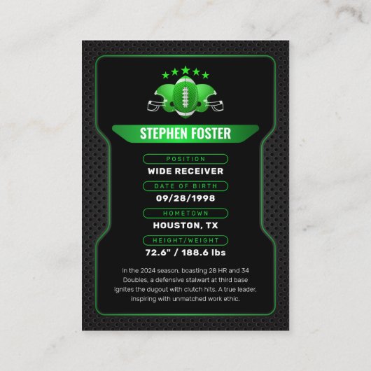 緑と黒のサッカートレーディングカードプレーヤーの写真 コーリングカード (裏面)