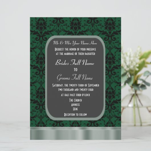 緑と黒のダマスクの結婚式 招待状 (スタンド正面)