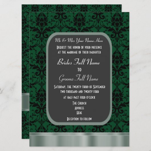 緑と黒のダマスクの結婚式 招待状 (正面/裏面)