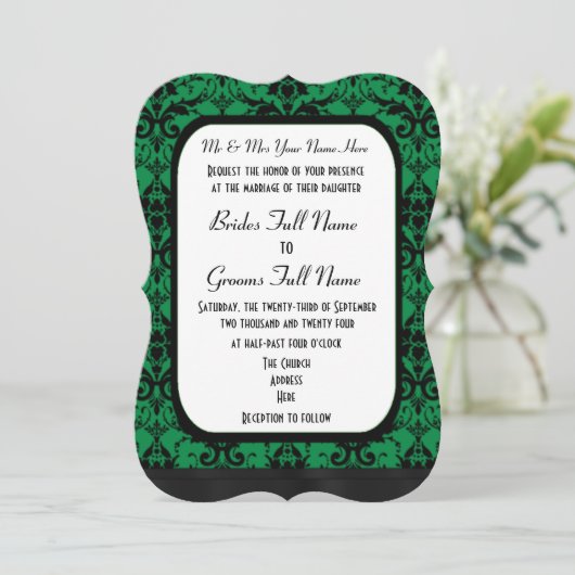 緑と黒のダマスクの結婚式 招待状 (スタンド正面)