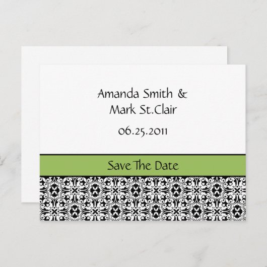 緑と黒のダマスク日付を保存 案内ポストカード (正面/裏面)