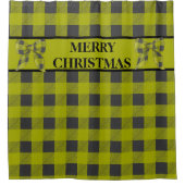 緑と黒のバッファローのプレイド、メリークリスマス シャワーカーテン (正面)