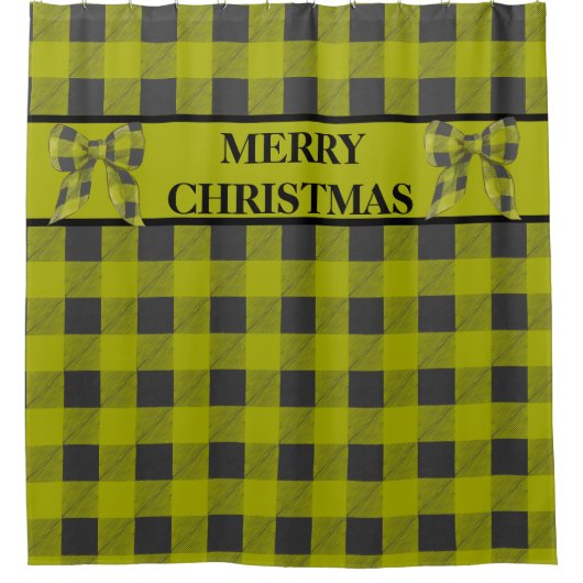 緑と黒のバッファローのプレイド、メリークリスマス シャワーカーテン (正面)