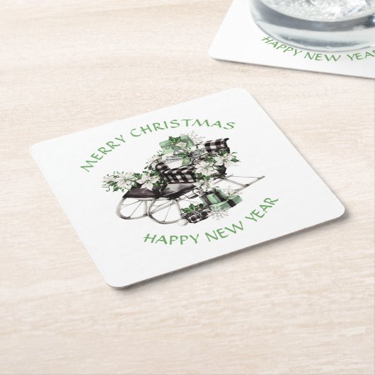 緑と黒のバッファローチェックそり及びパッケージ スクエアペーパーコースター (アングル)