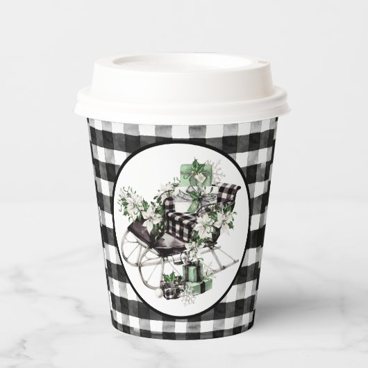 緑と黒のバッファローチェックそり及びパッケージ 紙コップ (正面)