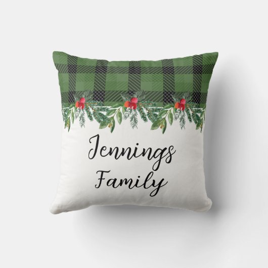 緑と黒のバッファロープレイドファミリークリスマス クッション (裏面)