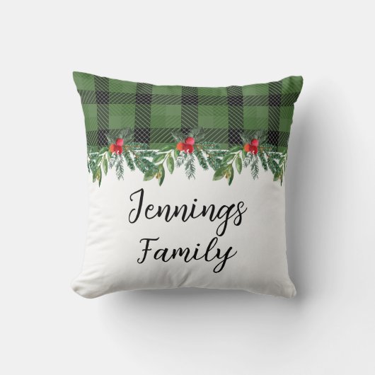 緑と黒のバッファロープレイドファミリークリスマス クッション (正面)