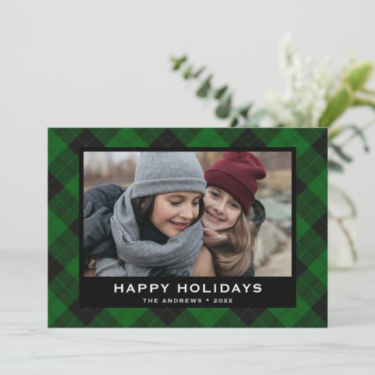 緑と黒のフェスティバルタータンチェッククリスマスフォト シーズンカード (スタンド正面)