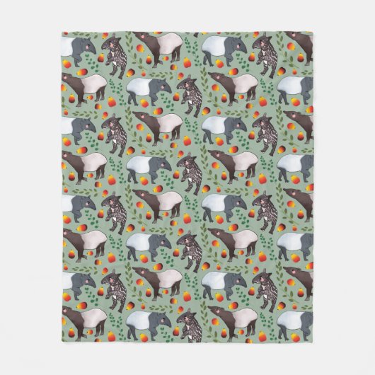 緑と黒のマラヤ語のタピアの動物柄 フリースブランケット (正面)