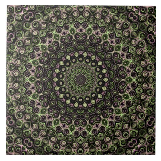 緑と黒の万華鏡のように千変万化するパターンマンダラパターン タイル (正面)