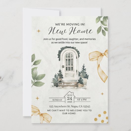 緑と黒の図解入りの、写真付きの引っ越し祝いパーティー招待状 招待状 (正面)