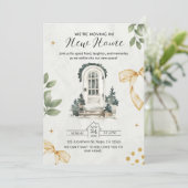 緑と黒の図解入りの、写真付きの引っ越し祝いパーティー招待状 招待状 (スタンド正面)