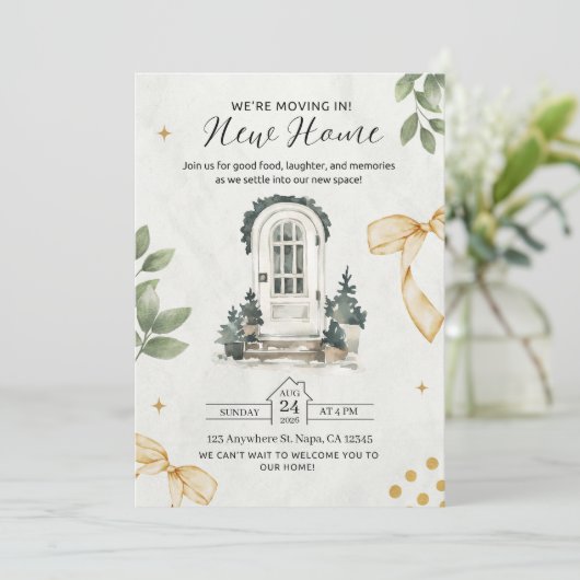 緑と黒の図解入りの、写真付きの引っ越し祝いパーティー招待状 招待状 (スタンド正面)