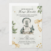 緑と黒の図解入りの、写真付きの引っ越し祝いパーティー招待状 招待状 (正面/裏面)