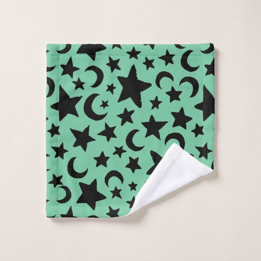 緑と黒の月の星 バスタオルセット (ウォッシュタオル)