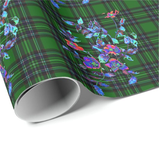 緑と黒の格子に青いビンテージのバラ ラッピングペーパー (ロールコーナー)