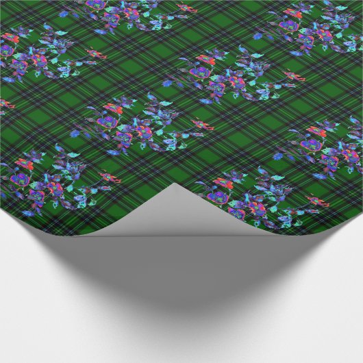 緑と黒の格子模様と青いヴィンテージバラ ラッピングペーパー (角)