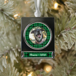 緑と黒の格子模様の犬の写真クリスマス シルバープレートバナーオーナメント