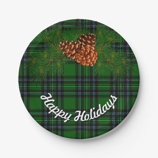 緑と黒の格子縞 – 松の円錐 ペーパープレート (正面)