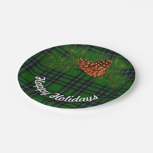 緑と黒の格子縞 – 松の円錐 ペーパープレート (アングル)