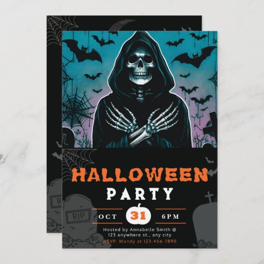 緑と黒の死神のスケルトンのハロウィーン 招待状 (正面/裏面)