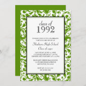 緑と黒の渦巻きダマスク柄のクラス会招待状 招待状 (正面/裏面)