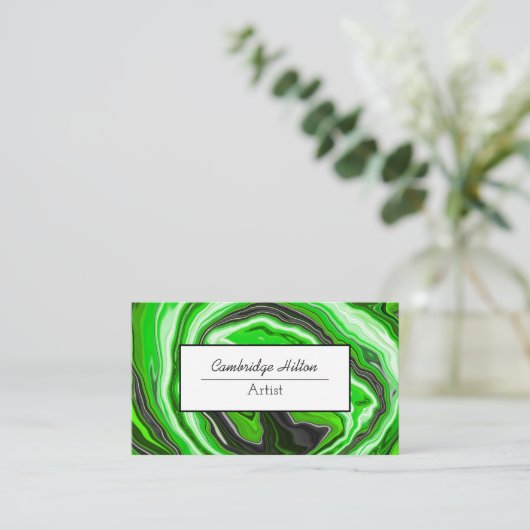 緑と黒の渦巻き抽象芸術流体アート 名刺 (スタンド正面)