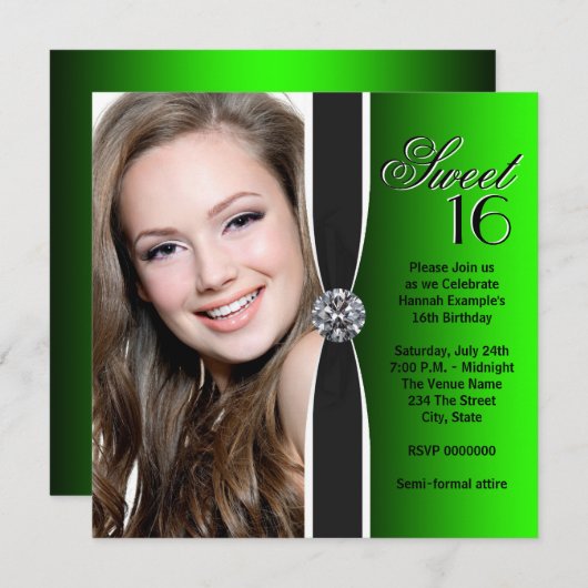 緑と黒の誕生日パーティー 招待状 (正面/裏面)