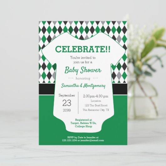 緑と黒の赤アーガイルちゃんパターン(の模様が)あるシャワー 招待状 (スタンド正面)