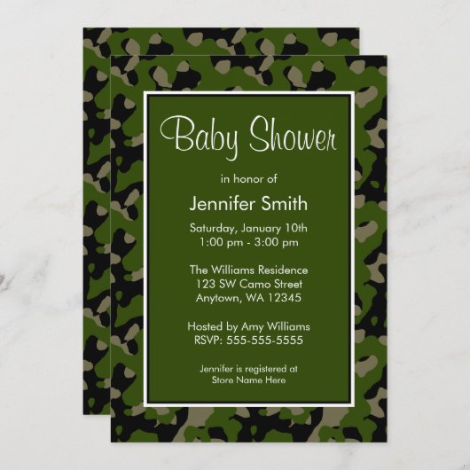 緑と黒の迷彩柄ベビーシャワー招待状 招待状 (正面/裏面)