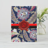 緑と黒の青いダマスク織、赤いワックスシールのモノグラム 招待状 (スタンド正面)