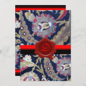 緑と黒の青いダマスク織、赤いワックスシールのモノグラム 招待状 (正面/裏面)