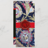 緑と黒の青いダマスク、赤いワックスシールのモノグラム 招待状 (正面/裏面)