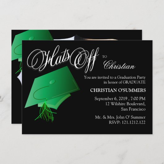 緑と黒の高校卒業パーティー 招待状 (正面/裏面)