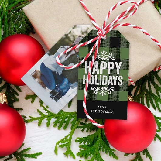 緑と黒バッファローチェック素朴ホリデーフォト ギフトタグ