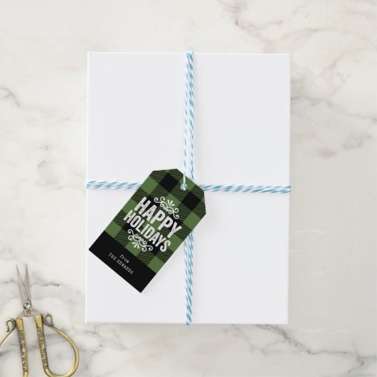 緑と黒バッファローチェック素朴ホリデーフォト ギフトタグ (より糸付き)