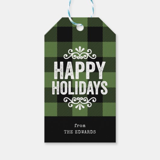 緑と黒バッファローチェック素朴ホリデーフォト ギフトタグ (正面)