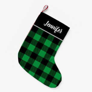 緑と黒素朴のバッファローチェックモノグラム スモールクリスマスストッキング