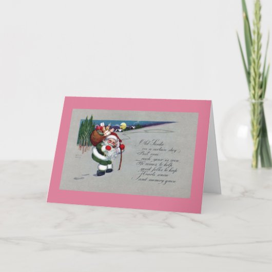 緑によって適されるサンタによっては丘のヴィンテージのクリスマスがハイキングします シーズンカード (正面)