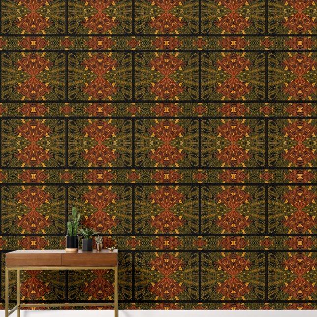 緑にオレンジ色の花 壁紙 (廊下)