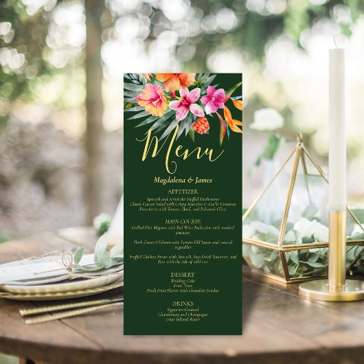 緑にピンクとオレンジカラフルの熱帯花模様 メニュー