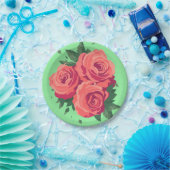 緑にピンクのバラが付いたバレンタインパーティープレート ペーパープレート (パーティー)