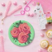 緑にピンクのバラが付いたバレンタインパーティープレート ペーパープレート (パーティー)