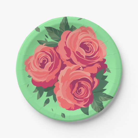 緑にピンクのバラが付いたバレンタインパーティープレート ペーパープレート (正面)