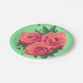 緑にピンクのバラが付いたバレンタインパーティープレート ペーパープレート (アングル)