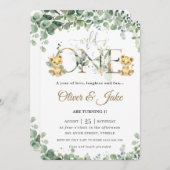 . .緑に可愛いライオンの子どもたちツインズ1歳の誕生日  招待状 (正面/裏面)