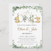 . .緑に可愛いライオンの子どもたちツインズ1歳の誕生日  招待状 (正面)