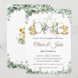 . .緑に可愛いライオンの子どもたちツインズ1歳の誕生日  招待状