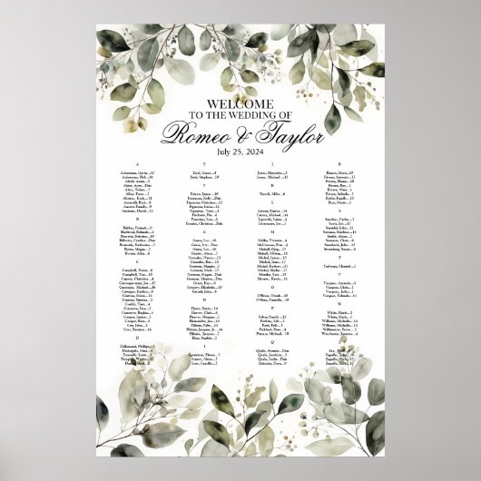 緑に囲まれたエレガントな結婚式のシーティングチャート ポスター (正面)